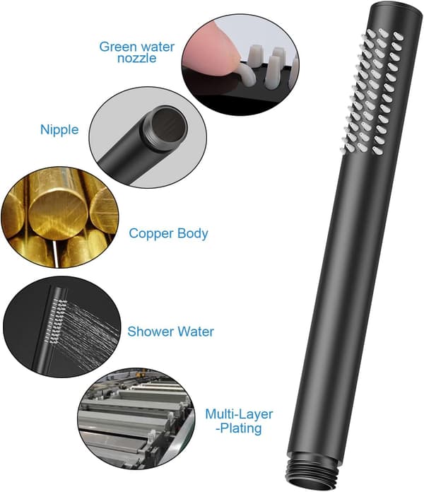 High-Pressure Brass Handheld Shower Head, Water-Saving Shower Head with Easy-Clean Rubber Nozzles, Single-Function Black Shower Head
