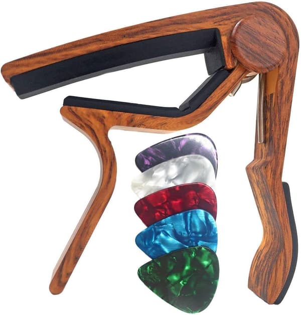 Gitarrcapo for 6-strengs akustisk elektrisk stålgitar, ukulele med 5 plektre - Rosentrefarge