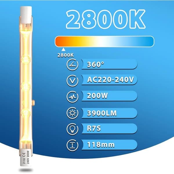 R7S 118mm 200W Warm White Dimmable Halogen Bulb 3900lm Indoor/Outdoor Lighting 2-pack