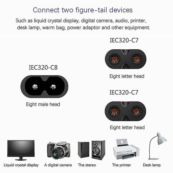 Iec320 C8 til 2x C7 Y Split AC Strømkabel, Iec Figur 8 Hann til 2 Hunn 1 inn 2 ut AC Strømkabel