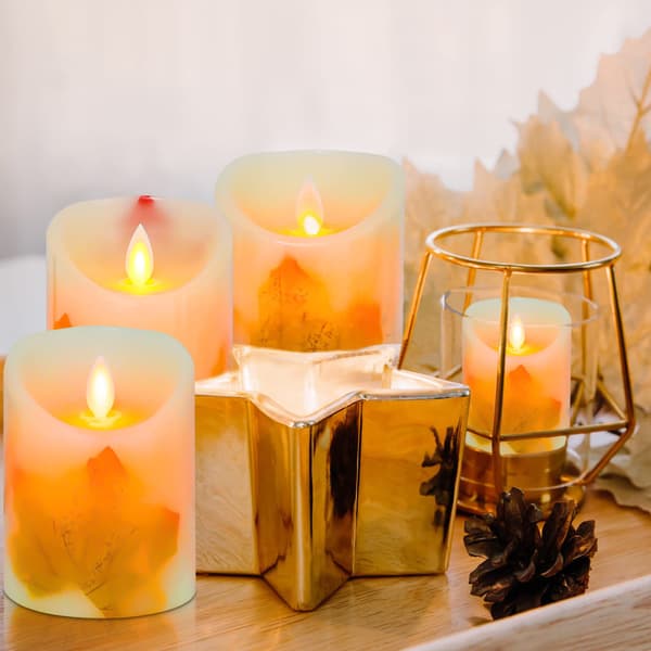Maple Leaf Candle Lanterns, 3-pack, Warm White, Battery Operated, Electric LED Candles with Moving Wick and Flickering Flame (Maple Leaf)