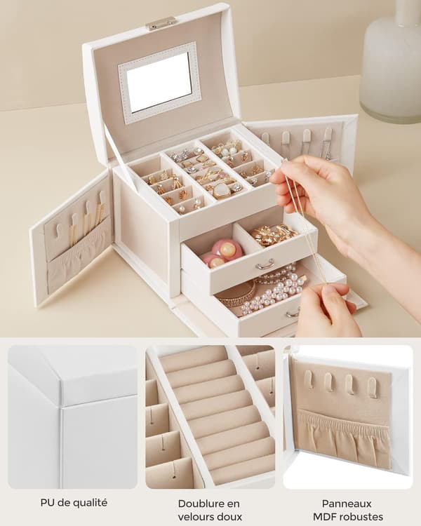Tiered Jewelry Box, Accessory Case, Christmas Gift, with Handle, Cloud White Surface, Sand Beige Lining