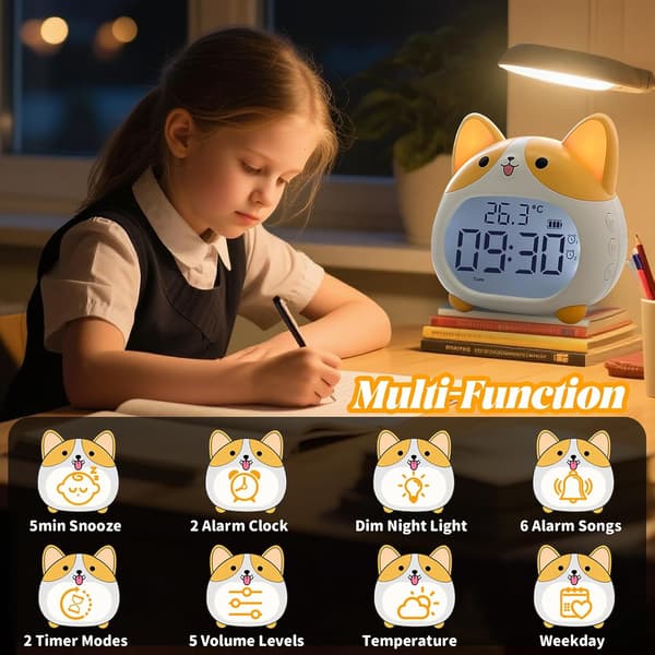 Children's Alarm Clock - with Night Light, 6 Alarm Sounds, Snooze Function, Timer, Date and Temperature Display, Rechargeable.