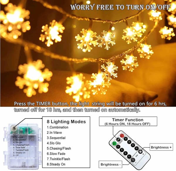 Christmas Snowflake String Lights, 6m 40 LED Warm White Battery Operated Fairy Lights with Remote Control Timer - Bedroom Indoor Christmas Tree