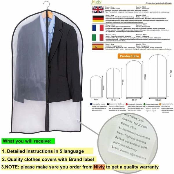 Zippered Garment Bags, Dustproof and Moth-Free, 6-Pack, Transparent