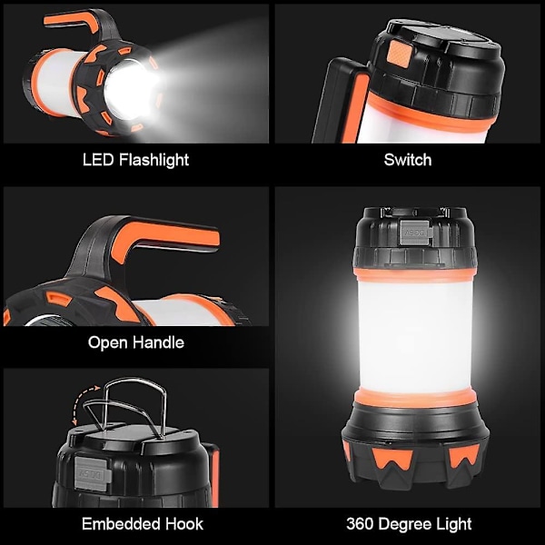 Latautuva LED-lyhty, 1000 lumenia 4000 mAh 360 asteen leirintälamppu, Latautuva LED-kannettava projektori, erittäin tehokas, 6 tilaa leirintälamppu, USB-kaapeli