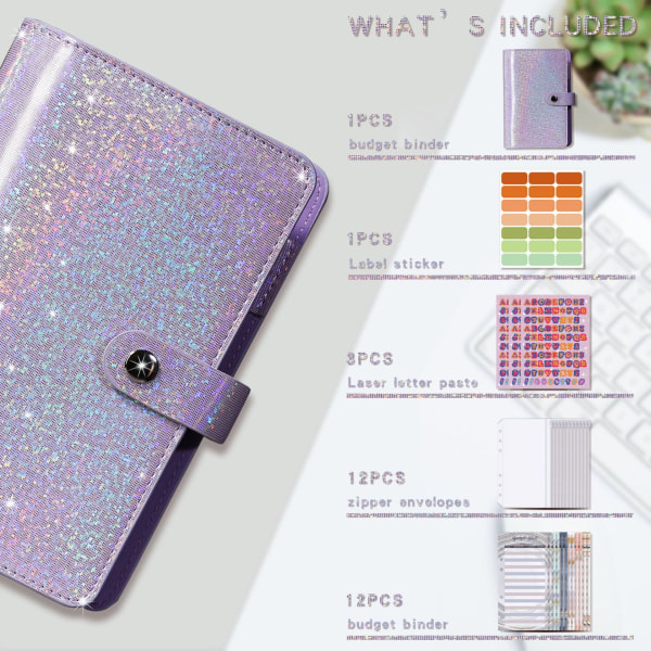 Budgetbinder, 12 stk. Udgiftssporing, Trykknap, Kontantkonvoluttersystem til budgettering, Money Organizer Planner Glitter Lilla