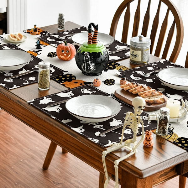 Svart Halloween Placemats Sett med 4, Høst Bordmatter for Utendørs Hjem Fest Kjøkken Spisestue Dekorasjon