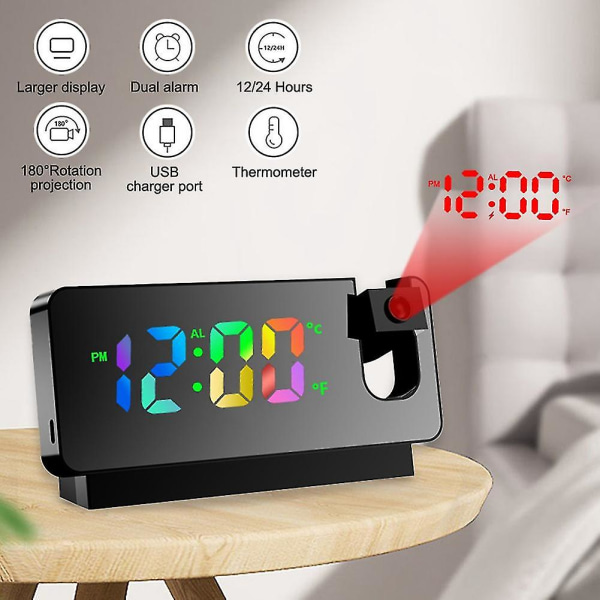 180 Graders Projektionsväckarklocka Kompatibel Med Sovrum Led Färgrik Digital Projektion På Tak Usb Cha