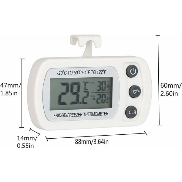 2 stk. digitale køle- og frysetermometre temperatur -20 til 50°C med krog, letlæseligt LCD-display, max min-registreringsfunktion