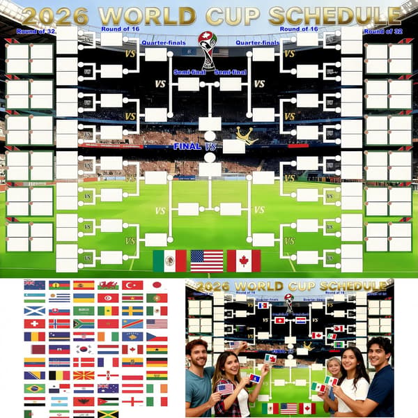 VM 2026-kampprogramplakat, 95x75 cm gjenbrukbare flaggklistremerker, turneringsplan – fotballgave, dekorasjon til kampdag