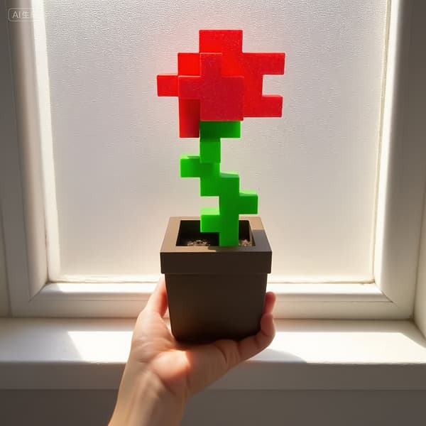 Pixel Rose Flower 3D Printed Decorative Ornament Desk Valentine's Day Gift Red Red
