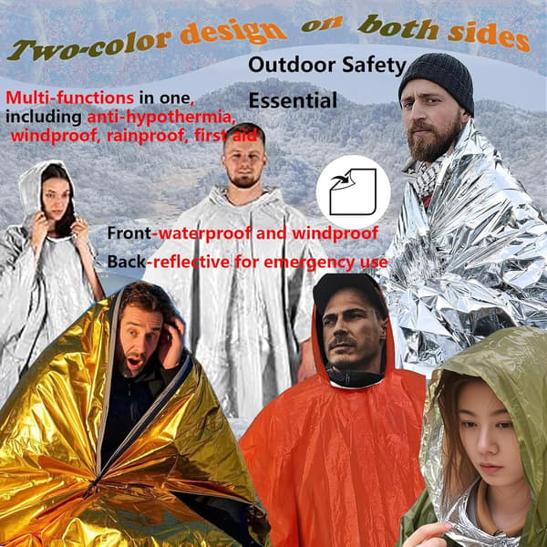 The four-piece survival kit includes an emergency poncho (two pieces), a thermal emergency blanket (two pieces), and a polyester film lining.
