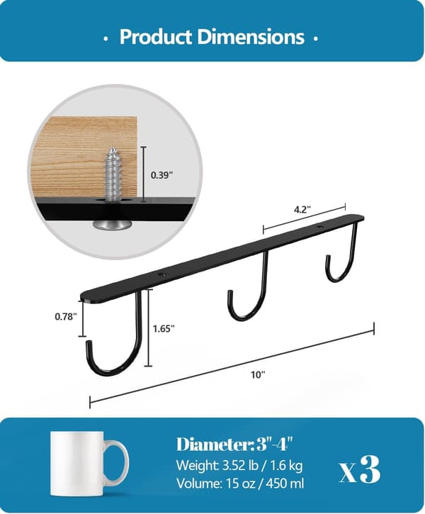 3 Cup Hooks Under Cabinet, Coffee Mug Rack Hanging Under Shelf, 9-Hook Cup Holder for Displaying Mugs Coffee Cups Kitchen Utensils - Black