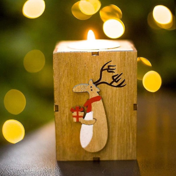 Julelysestaker i tre, telysstaker av tre i rustikk firkantet form juletre elg telys lysestaker til jul