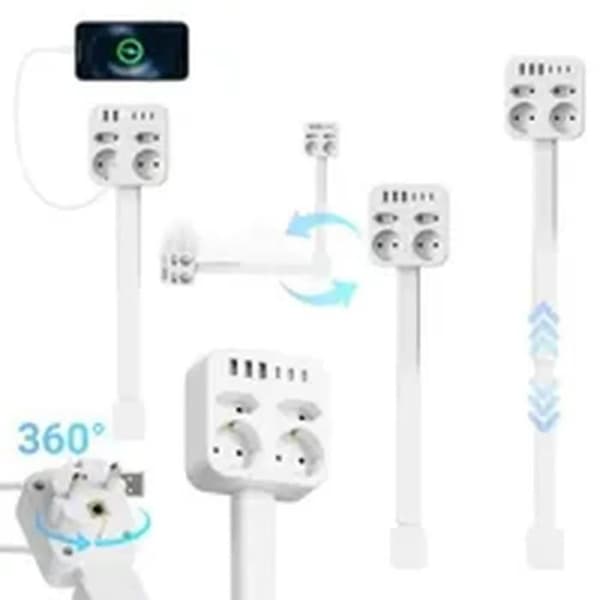 1500W Power Strip with 3 Outlets, 2 USB-A and 2 USB-C, 47-67cm Retractable Cable, Supports 20W Fast Charging - LAN