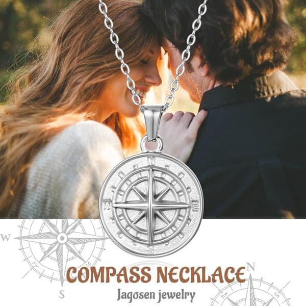 Herrehalskæde, sølvkompas, halskæde i rustfrit stål, kædevedhæng, smykker