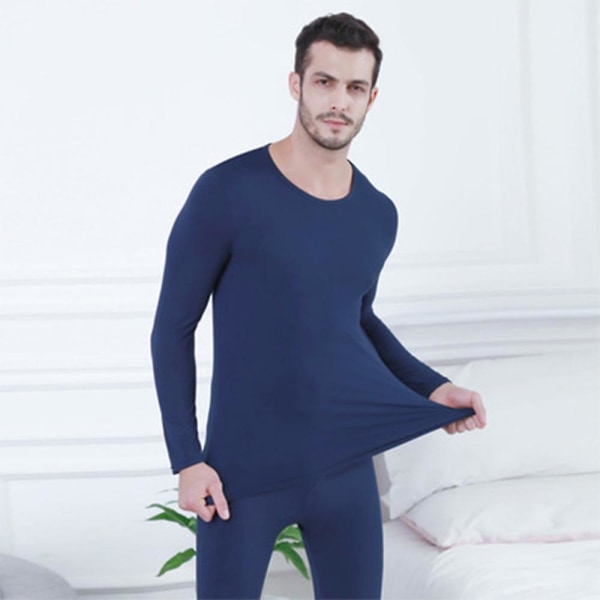 Mænd Termisk Undertøj Sæt, Blød Rund Hals Plus Velvet Termisk Undertøj Efterårsundertøj,Vinter Varmt Base Layer Top BundNavy Blue3*L 3*L Navy Blue