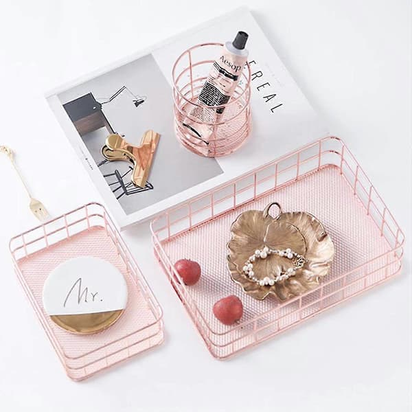 Rose Gold Mesh Basket - Hollow Iron Makeup Brush Holder, Multifunctional Desktop Organizer for Kitchen and Bathroom