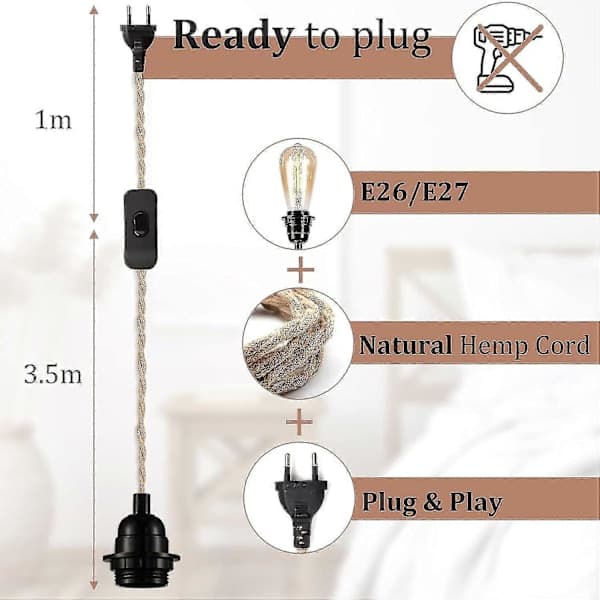Hemp Rope Light Cable 4.5m, E27 Socket with Switch, for DIY Lamp, Pendant Lamp, Industrial Pendant Lamp, Bulb [GKS]