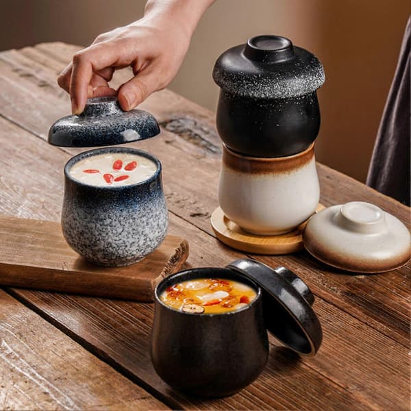 Porcelain Egg Cups with Lids, Ceramic Steamer for Chawanmushi and Coddled Breakfast