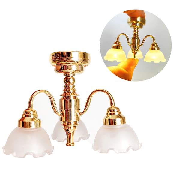 1:12 Dukkehus Miniature LED Guld Loftslampe Lysekrone