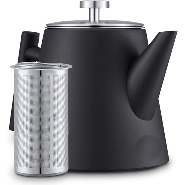 1 Liter Tekande - Isoleret Kedel - Tekande i Rustfrit Stål med Filter - Stor Tekande - Isoleret Tekande med Dobbeltfilter - Sort