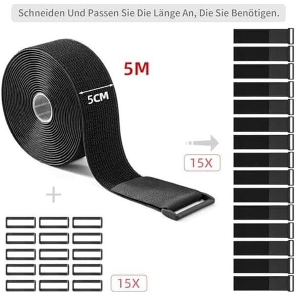 Heavy Duty 5 cm x 5 m Hook and Loop Strap with 15 Loops - Adjustable, Cuttable, and Reusable, Ideal for Cables, Hoses, Pipes, and More