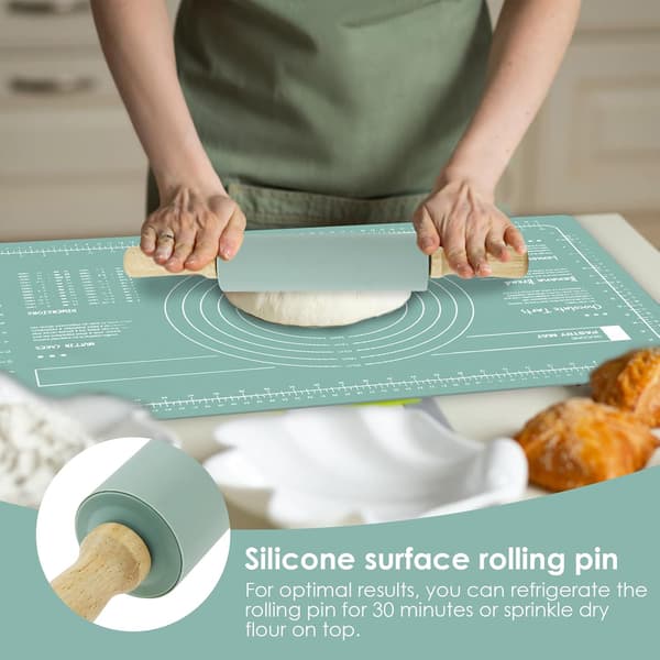 Silikon bakeunderlagsett med kjevle og deigskrape Varmebestandig silikon bakeplate Non-stick rektangulær kakematte for pizzadeig (grønn)