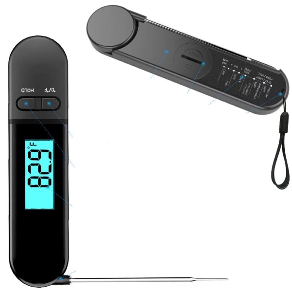 Foldesonde Køkkenmadtermometer Elektronisk BBQ-termometer med stor skærm