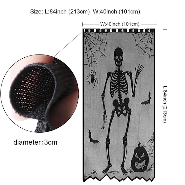 Halloween Svart Spetsfönstergardin Läskig Skelett Häxa Mönster Dörrgardiner Skräck Spindelnät Tryck Dörröppningar Gardinpanel Dekoration