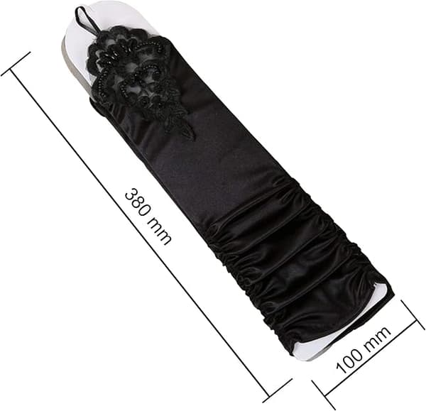 1 par lange elastiske fingerløse handsker til kvinder, blonde opera aftenhandsker, satinhansker til Halloweenfest, bryllup, koncert (sort)