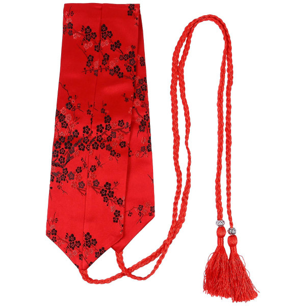 1 st kimonobälte i japansk etnisk stil med vävt tofsprydnad och broderi, rött 68X9.5CM Red 68X9.5CM