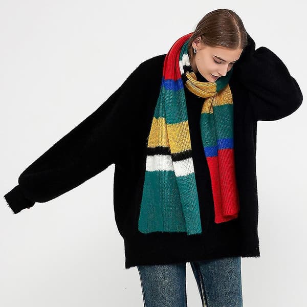 Cool kontrastfärg patchwork randig stickad halsduk, dam vinter ny högkvalitativ europeisk