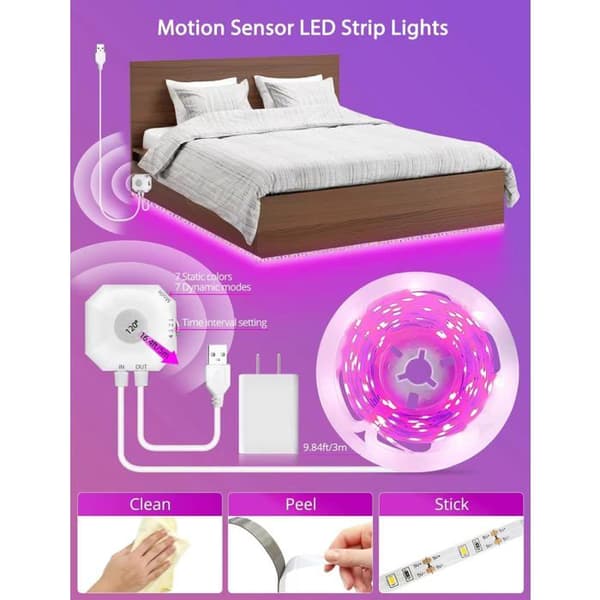 Indoor Motion Sensor LED Strip - RGB, App Controlled, USB Powered - For Kitchens, Stairs, and Wardrobes (3 m)
