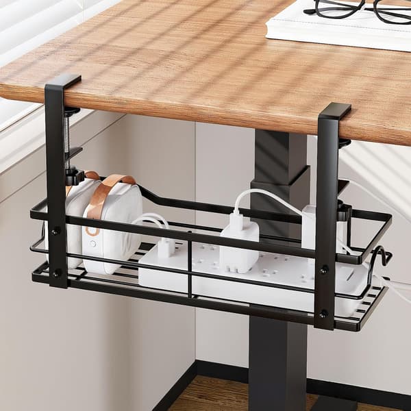 Under-Desk Storage Shelf with Hanging Rack - Drill-Free Carbon Steel Organizer for Office and Kitchen, Space-Saving and Portable