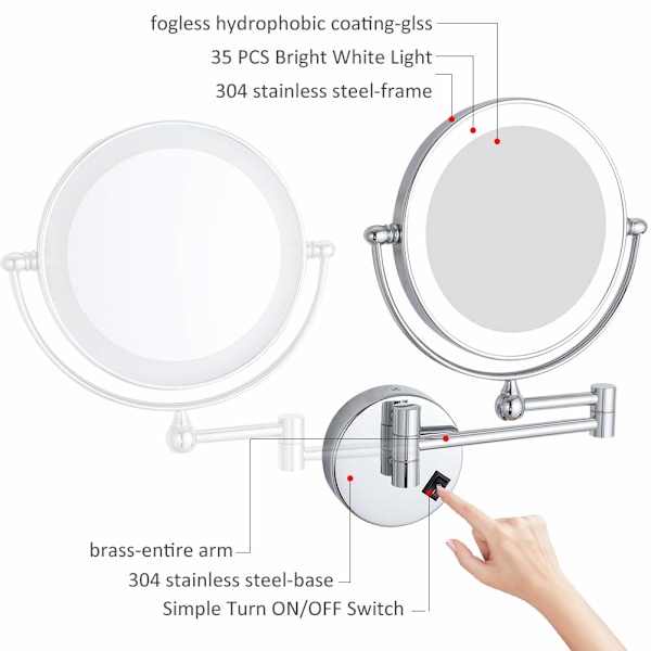 8 Tums LED-belyst Väggmonterad Smink Spegel med 7x Förstoring, Krom M1805D (8 tum, 7x) perfekt present till kvinnor & flickor
