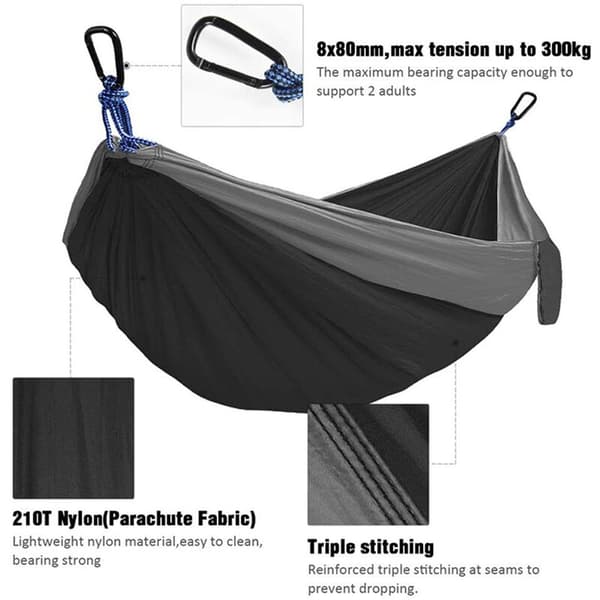 Camping Hammock Portable Double and Single Hammocks with 2 Tree Straps, Parachute Hammocks for Hiking, Travel, Black