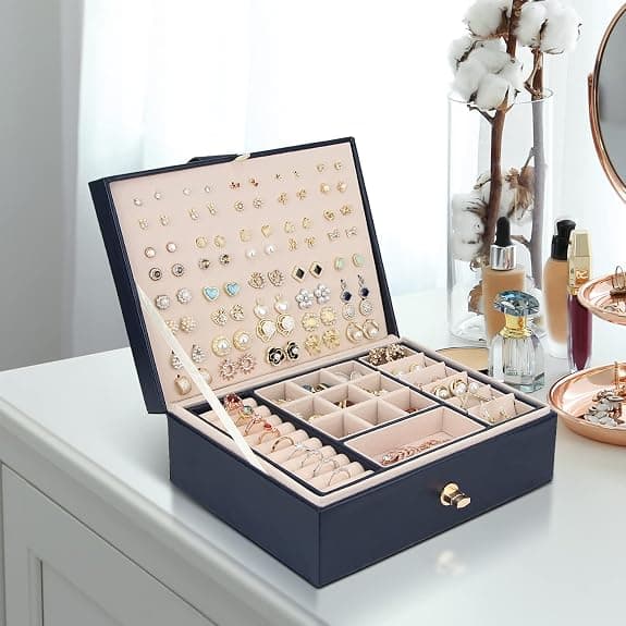 Jewelry Box Storage for Necklaces Earrings Bracelets Rings Large PU Leather with 3-Layer Stackable Jewelry Box Stand Blue Blue