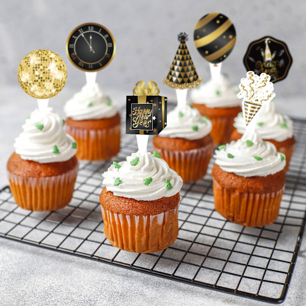 2 sæt Happy New Year Banner 2025 Guld og Sort Nytårsdekorationer Festtilbehør Kage Cupcake Toppers til Nytårsaften