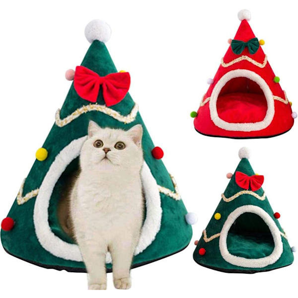 Hund & Katt Koja - Julgran Modell, Stängbar Vikbar Husdjursbädd Höst & Vinter Varm Katt Hus Mode Röd Hundbädd
