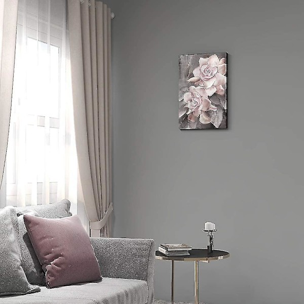 Rosetrykmaleri - Pink Blomster - Grå - Væghængt Kunst - Moderne Dekoration - Kompatibel med Spisestue, Stue, Hjem - 16x20inch - 1 Stykke