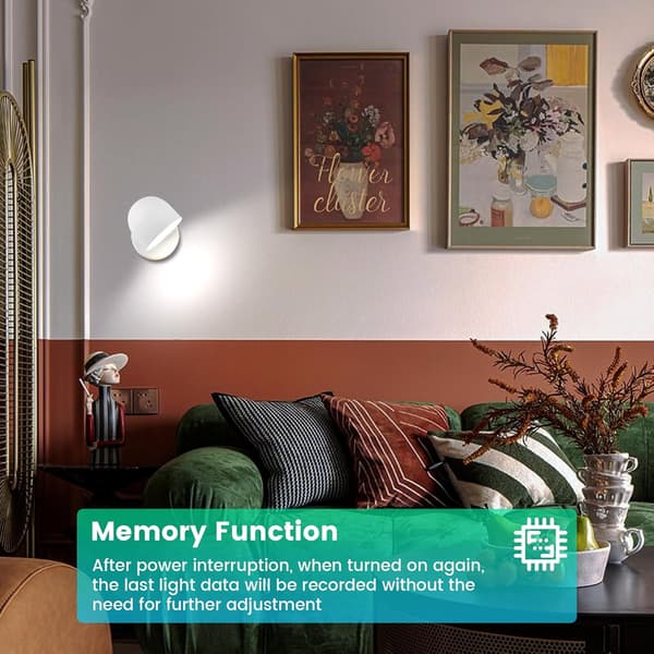 9W LED Indoor Wall Lamp with Plug, Dimmable Touch Wall Light, 360° Rotating Bedside Lamp, 3000k, White
