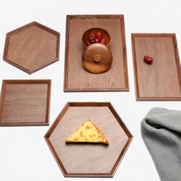 Hexagonal bricka i valnötsträ, 18x18x2 cm, för te, frukt, desserter, kaffe, hem eller restaurang