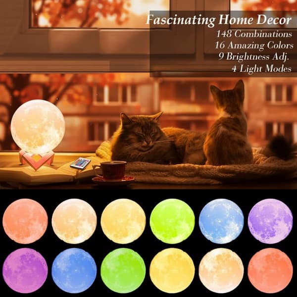 Moon Lamp, 16 Colors Available - 1.4 Meter 3D Printed Moon Lamp, 148 Patterns, Wooden Base, Remote Control and Touch Control -