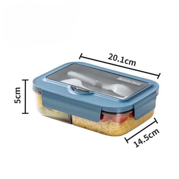 Bento Lunch Box and Cutlery Set for Office Workers Square Compartment Microwave Waterproof and Leak-Proof Food Container (Three Compartments Blue)