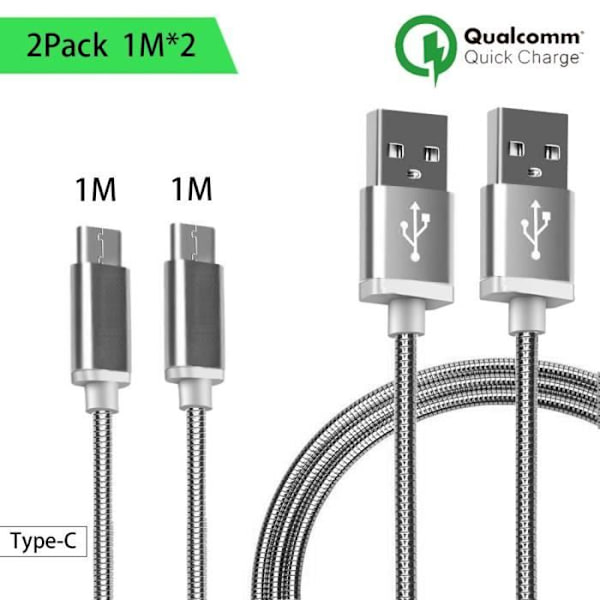 USB Type C -kaapeli, 2 kpl, 1M - Hopeanvärinen metalli