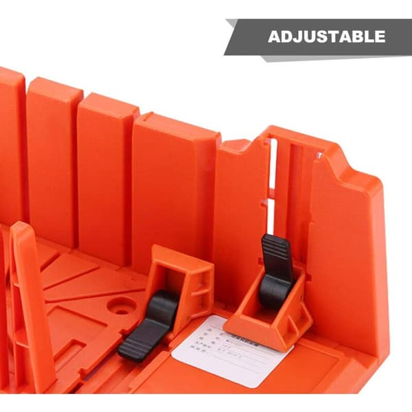Miter box with saw guide, for cutting angles of 0°, 22.5°, 45° and 90°, designed for construction work.