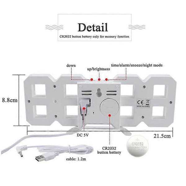 3D LED Digital Wall Clock Large Luminous Alarm Clock Silent Snooze Function Adjustable Brightness 12/24 Hour Date/Temperature Display By [DB]