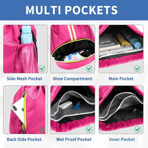 Drawstring Gym Bag for Men, Waterproof Drawstring Backpack for Women, Swim Backpack with Shoe Compartment and Drawstring Sports Bag